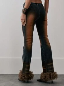 MUSERA Quần jeans ống loe cạp thấp, viền lông giả, chi tiết đường may, chất liệu denim mài, phong cách mùa xuân 90, Y2K, dễ thương, gợi cảm, sành điệu, mùa hè - màu nâu - Xem 4