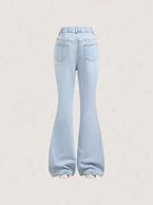 2025年秋冬少女蝴蝶印花破洞喇叭牛仔裤 - 淺色水洗藍 - 查看 2