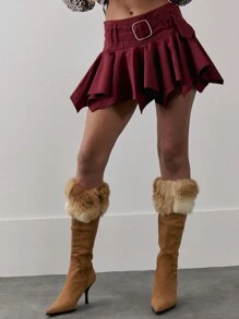 MUSERA Mid Rise Extreme Pleat Stretch Woven Belt Detail Mini Skirt Boho Summer - Burgundy - View 2