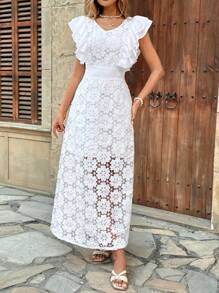 Elenzga Elegant White V-Neck Ruffle & Flower Lace Hollow Long Dress For Women - White - View 9