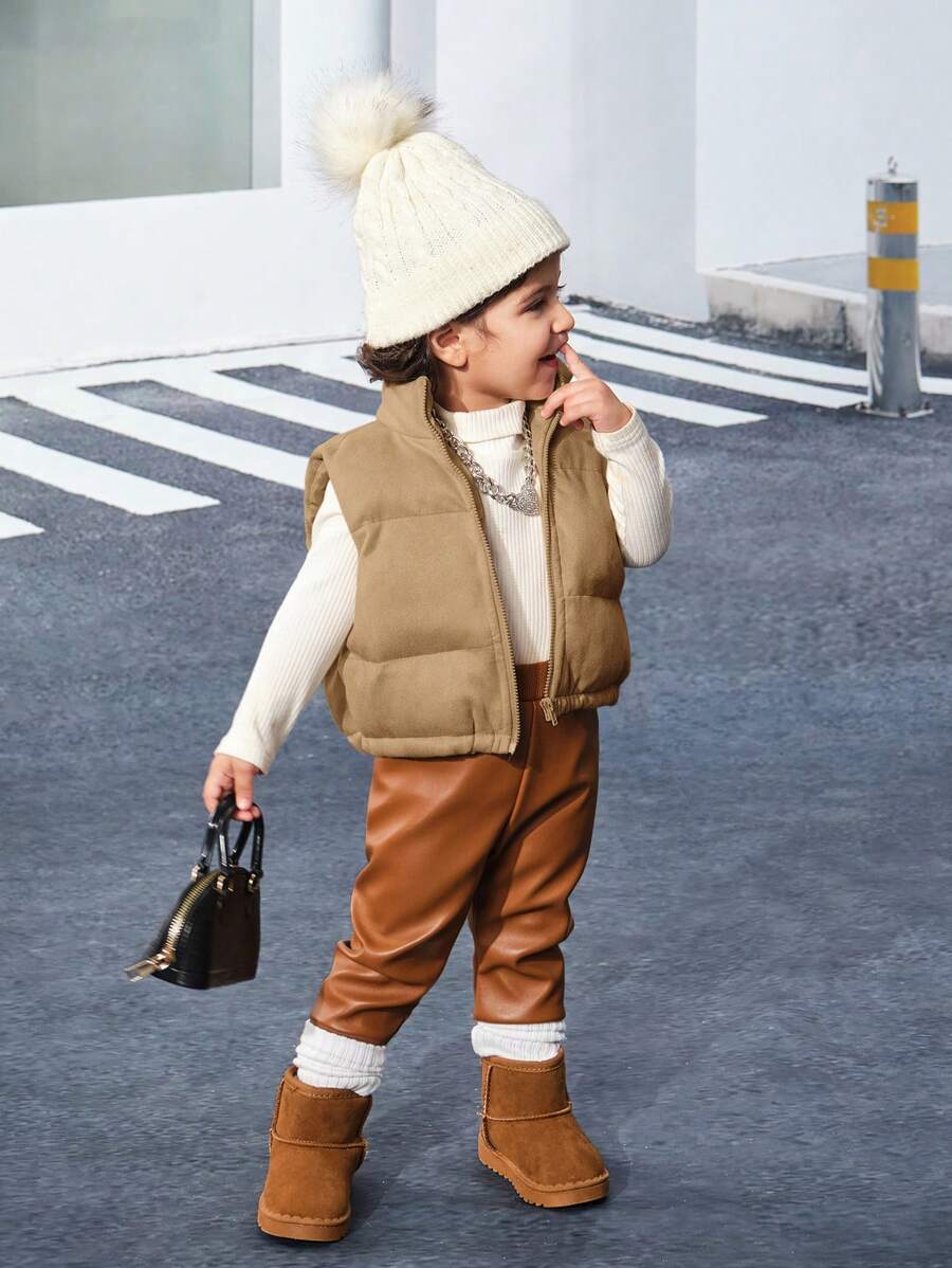 Baby Girl Thick Padded Coat, Khaki,In Fall/Winter - Khaki - View 1