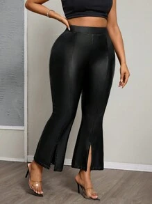 SHEIN PETITE CURVE 大码女式纯色高腰 PU 皮革开衩下摆时尚紧身裤 - 黑色 - 查看 3