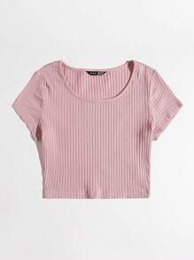 SHEIN EZwear Áo thun Gân đan màu trơn Giải trí - Màu Hồng baby - Xem 5