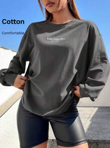 SHEIN EZwear Thêu Chữ Áo thun Thả vai - Màu xám đen - Xem 8