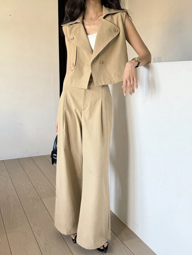 Set de 2 piezas de top casual sin mangas y pantalones de unicolor con botones frontales para mujer