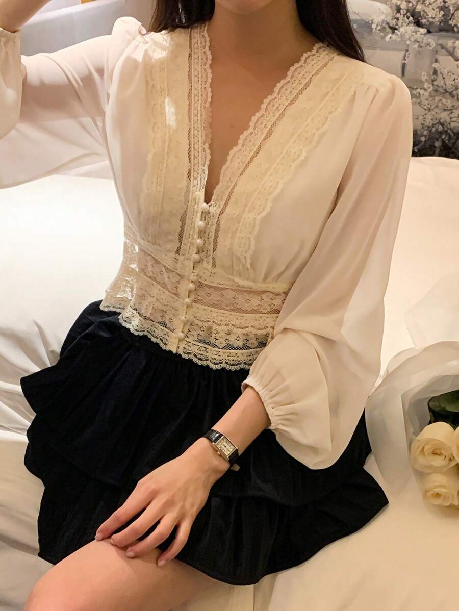 DAZY 1 chiếc áo cánh dài tay cổ chữ V ren tương phản thanh lịch dành cho nữ, áo mùa hè - Màu be - Xem 1