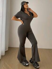 Flirla Modischer lässiger Jumpsuit mit kurzen Ärmeln, taillierter Taille und weitem Bein