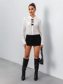 SHEIN Unity Women's Fashionable Versatile Textured Velvet Bowknot Cuff Long Sleeve Blouse Fall Cloth For Women - White - View 1