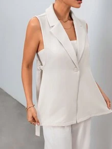 Chiquease Side Slit Tie-Up Mid-Length Sleeveless Vest - Apricot - View 6