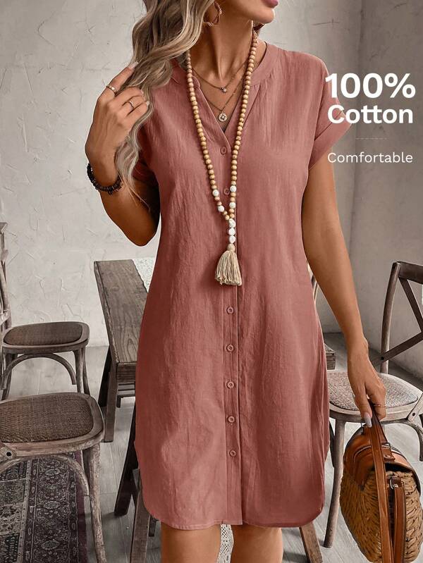 EMERY ROSE Women's Solid Color V-Neck Button Front Short Sleeve Midi Dress
