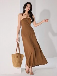 Heiryn Casual Beach Maxi Halter Dress For Women - Brown - View 5
