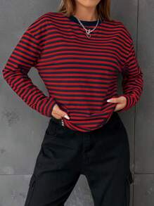 SHEIN EZwear Women Striped Long Sleeve Crew Neck Basic T-Shirt - Red - View 3