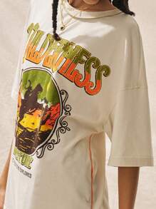 Easelle Camiseta holgada de manga corta de estilo informal y vintage en color caqui para mujer