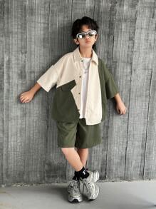 SHEIN 2pcs Kid Tween Boy Korean-Style Casual Versatile Comfortable Contrast Color Collar Patchwork Short Sleeve Loose Open Front Shirt And Shorts Set, Suitable For School, Garden, Beach, Birthday, Spring, Summer, Fall, Winter
