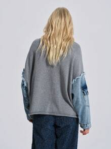 CasuGlow Casual Streetwear Grey Sweatshirt With Denim Patchwork Sleeves And Pocket Detail Everyday Night Out Autumn - Grey - View 2