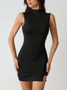 SHEIN Tall 无袖纯色休闲紧身连衣裙，俱乐部连衣裙简约时尚，适合日常穿着 - 黑色 - 查看 3