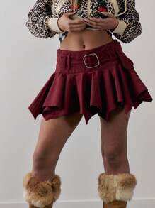 MUSERA Mid Rise Extreme Pleat Stretch Woven Belt Detail Mini Skirt Boho Summer - Burgundy - View 5