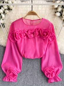 SHEIN Unity Plus Size Elegant Solid Color 3D Floral Decor Lantern Sleeve Blouse - Hot Pink - View 1
