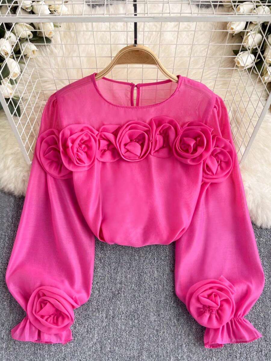 SHEIN Unity Plus Size Elegant Solid Color 3D Floral Decor Lantern Sleeve Blouse - Hot Pink - View 1