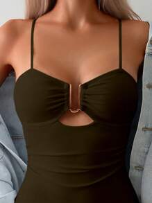 Swim Chiccia 1pc Solid Color Hollow Metal Decor One-Piece Swimsuit, For Summer Beach Vacation