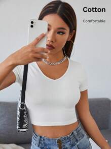 SHEIN EZwear Women's Solid Color V-Neck Short Sleeve Slim Rib Knit T-Shirt