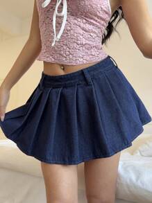 SHEIN EZwear 女式牛仔中腰迷你百褶裙，蓝色，全年适用，适合春夏季假期，适合夏季，蓝色夏季，女士度假装，复活节，春季，西方，女士办公室装，狂欢装，婴儿淋浴裙，Cottagecore，女士乡村装，别致，女士优雅裙子，沙滩裙，毕业裙，度假裙，复活节裙，太阳裙