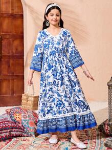Girl's Blue Floral Print White V-Neck Ruffle Hem Splicing Lace Decor Dress - Multicolor - View 3