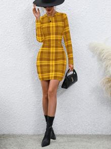SHEIN Clasi Women's Mustard Yellow Plaid Long Sleeve Bodycon Dress: Fall Fashion - Ginger - View 6