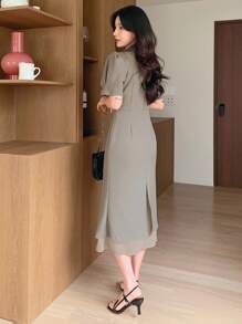 DAZY Damen Farbblock Schleife Taille Midi-Kleid