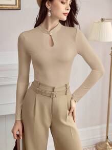 Vintamour Vintage élégante femme Chemisier col Mao manches gigot ajusté avec bouton perle Top de bureau casual Automne Vêtements femme Manches longues col roulé Retour au foyer Noël Vêtements femme Hiver Vêtements femme Automne Tenues femme Automne Hauts femme Automne