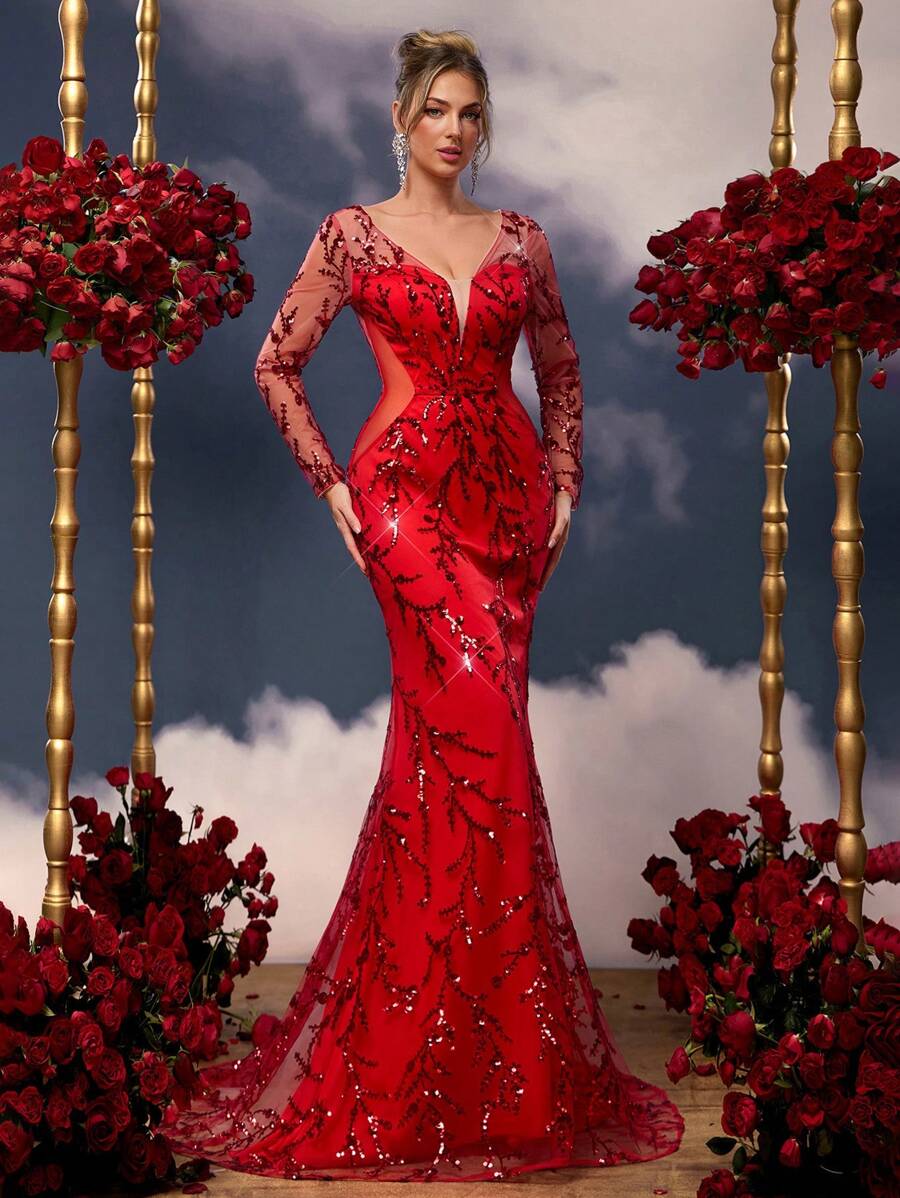 Glamrae Elegant Red Luxury Positioning Sequins See-Through Long Sleeves Front Deep V-Neck Waist Mesh-Like Hollow Hem Sexy High Slit Back Sexy Asymmetric See-Through Split Large Backless Fishtail Dress, Suitable For Dates, Vacations, Valentine's Day, Wedding Events And Other Dinner Dresses, Party Dress, Wedding Guest Dress, Formal Dress, Evening Dress - Red - View 1
