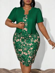 Fleurora Plus Size Women Business Elegant Puff Sleeve Floral Print Green Mid-Length 2-Piece Set,Holiday Outfits
