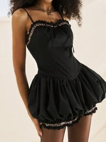 Easelle Women's Sweet Leopard Print Patchwork Camisole 2 In 1 Ruffles Romper - Black - View 3