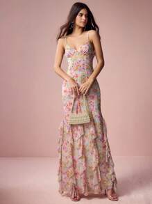 Enchnt Váy dây mảnh in hoa màu hồng lãng mạn dành cho nữ mùa xuân và mùa hè, váy suông thanh lịch ngọt ngào gợi cảm, phù hợp cho mùa cưới, ngày lễ, kỳ nghỉ, mùa hẹn hò và tốt nghiệp ngọt ngào, trang phục mùa hè dành cho nữ, váy thanh lịch - Nhiều màu - Xem 4