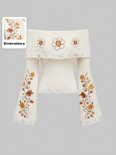 Women Off Shoulder Long Sleeve Floral Embroidery Minimalist Blouse, Casual For Everyday Wear