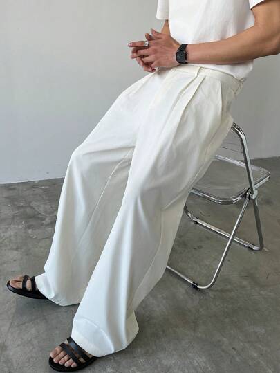 Claim Dot 男士年轻休闲装，INS百搭单品：白色褶皱哑光面料宽松纽扣拉链直筒裤，阔腿裤，男女通用，非常适合情侣搭配，送给男朋友的礼物。宽松裤阔腿裤男士阔腿裤男士阔腿裤褶皱裤男士喇叭裤，秋季