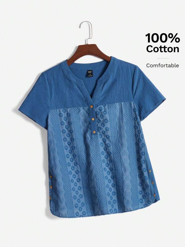 EMERY ROSE Women's Summer Cotton Embroidered V-Neck Short-Sleeve Shirt