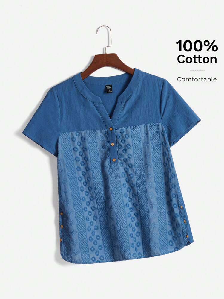 Women's Summer Cotton Embroidered V-Neck Short-Sleeve Shirt