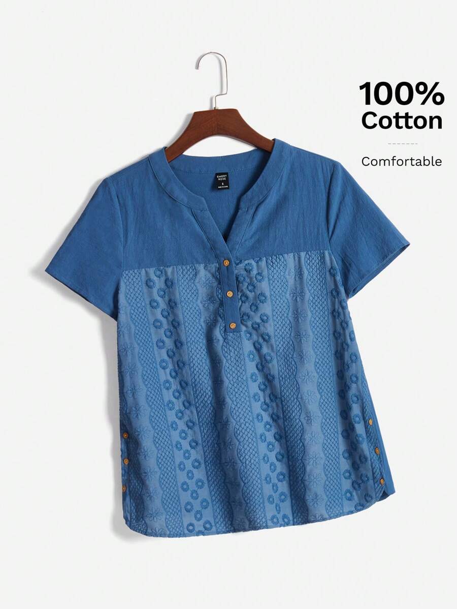 EMERY ROSE Women's Summer Cotton Embroidered V-Neck Short-Sleeve Shirt - Dusty Blue - View 1