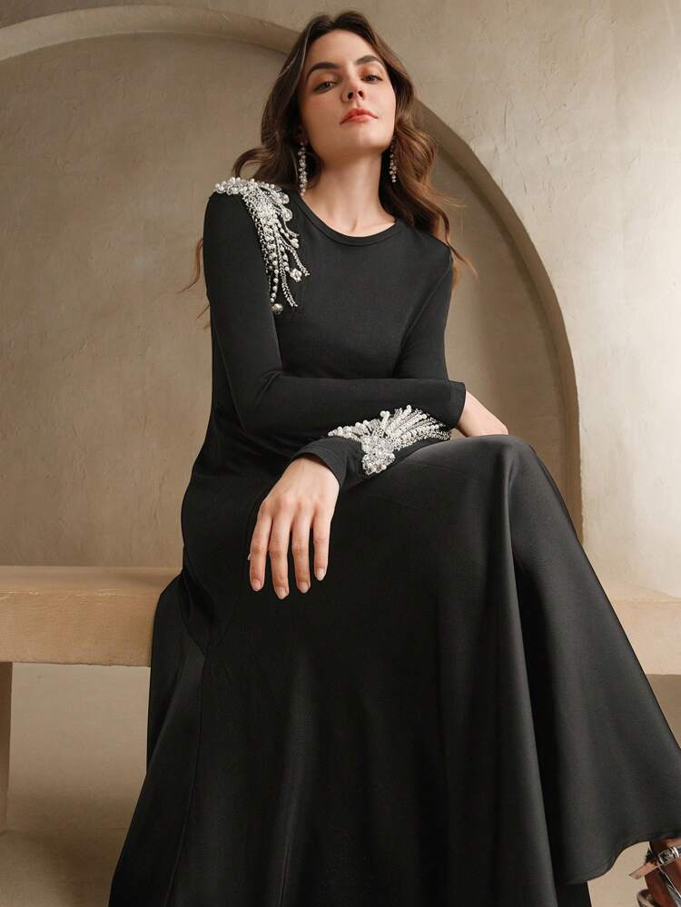 Vestido Midi Urbano Elegante com Gola Redonda, Manga Longa, Cintura Evasê e Franzida, Looks de Primavera para Mulheres, Dia dos Namorados, Noite de Encontro