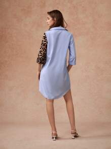 SHEIN Unity Women's Fashion Patchwork Long Sleeve Button Print Midi Dress - Blue - View 2