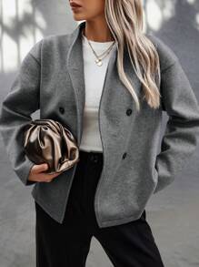 EMERY ROSE Women Casual Solid Color Drop Shoulder Loose Double Breasted Jacket Fall Winter Cloth For Women - Dark Grey - View 6