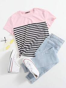 SHEIN EZwear 条纹印花 T 恤 - 彩色 - 查看 6