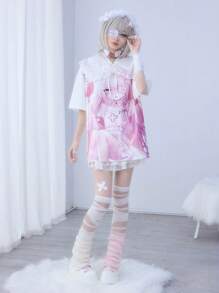ROMWE Anime Camiseta de manga corta de cuello redondo, corte holgado, con estampado de una chica yandere de anime y dibujos animados, color rosa