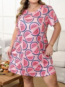 Plus Size Casual Watermelon All Over Print Short Sleeve Nightgown