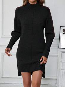 SHEIN LUNE 2024 Autumn/Winter New Women's High Neck Pullover Thick Mid-Length Sweater Dress, Fitted Waist, Slit, Loose, Versatile