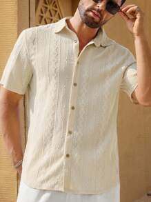 HIMLAND Men's Jacquard Knit Slim Fit Turndown Collar Short Sleeve Casual Shirt, Suitable For Everyday Summer Wear, Old Money