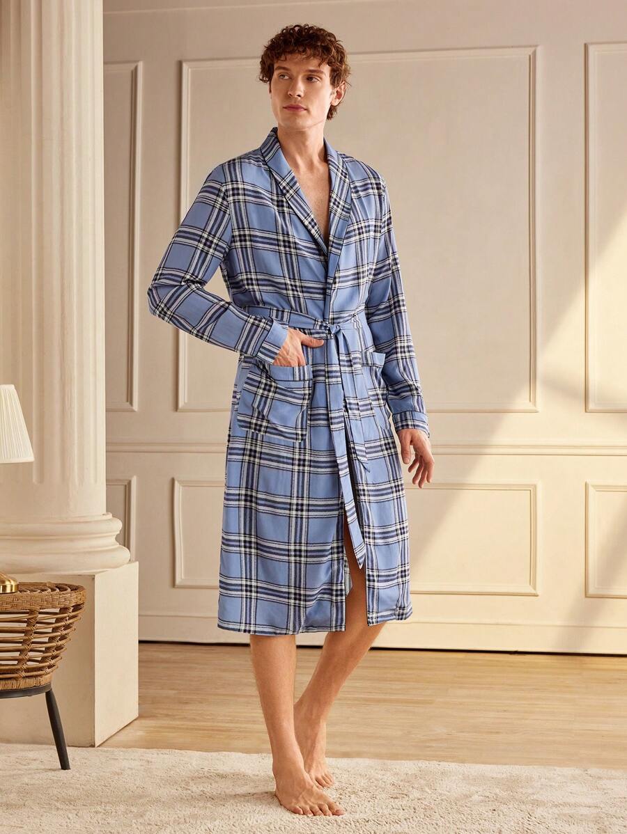 Manfinity Men's Front Tie Long Sleeve Plaid Minimalist Casual Robe - Blue - View 1