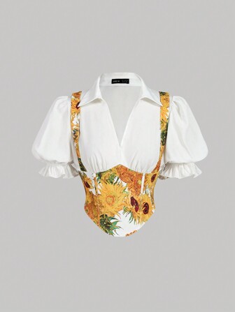 SHEIN MOD Chemise col claudine, manches bouffantes, taille nouée, imprimé rétro tournesol