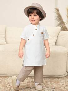 SHEIN 2pcs/Set Babyboy Summer Cute White Short Sleeve Long Robe Collar Shirt And Beige Casual Long Pants Suit, Suitable For Birthday Party, Evening Party, Performance, Wedding, Month Celebration, Baptism And First Birthday - Multicolor - View 5